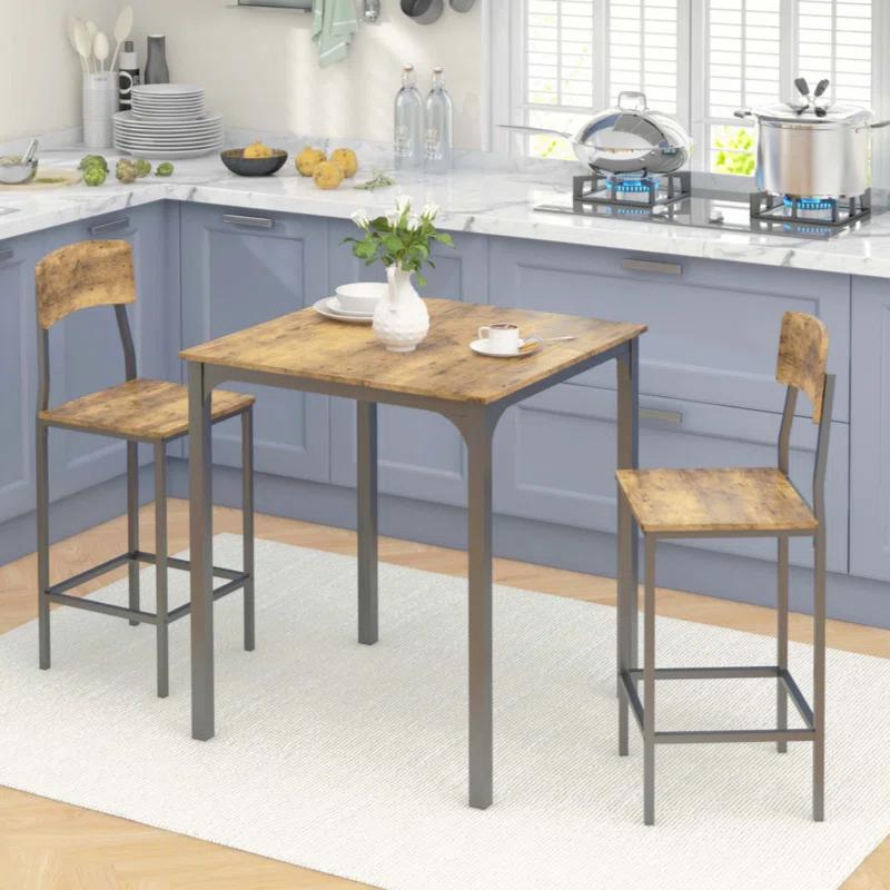 17 Stories 3 Piece Square Industrial Small Dining Table Set, Bar Table and Chairs Set, Rustic Brown and Black