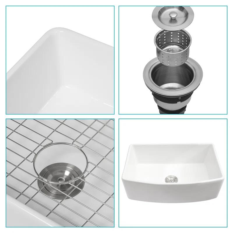 White Farmhouse Sink - 30 Kitchen Sink Ceramic Arch Edge Apron Front Single Bowl Farm Kitchen Sinks