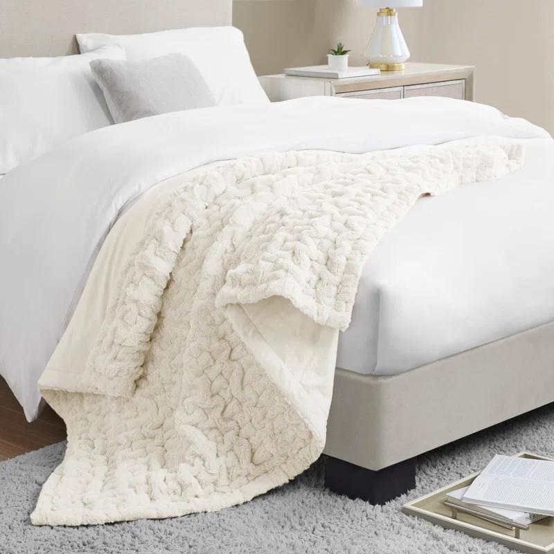 Madison Park Ivory Ruched Fur Throw 50x60"