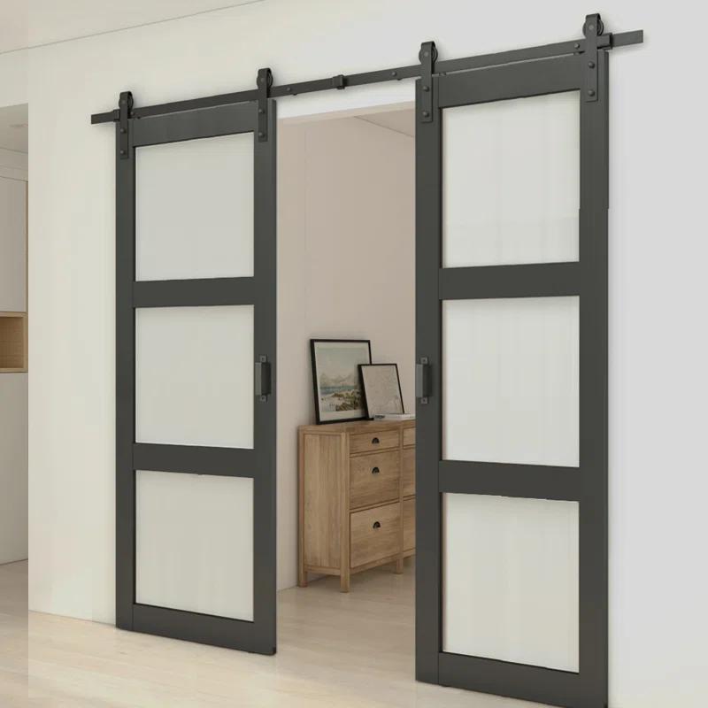 Calhome 3-Lite Tempered Frosted Glass White Finished Composite Double Sliding Barn Door with Hardware Kit Handle