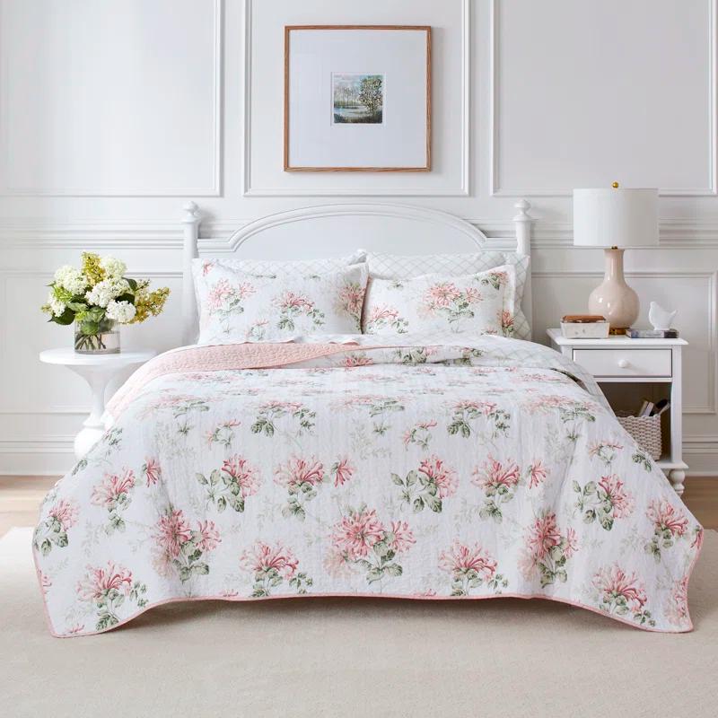 Laura Ashley Laura Ashley Honeysuckle Cotton Reversible Pink Quilt Set