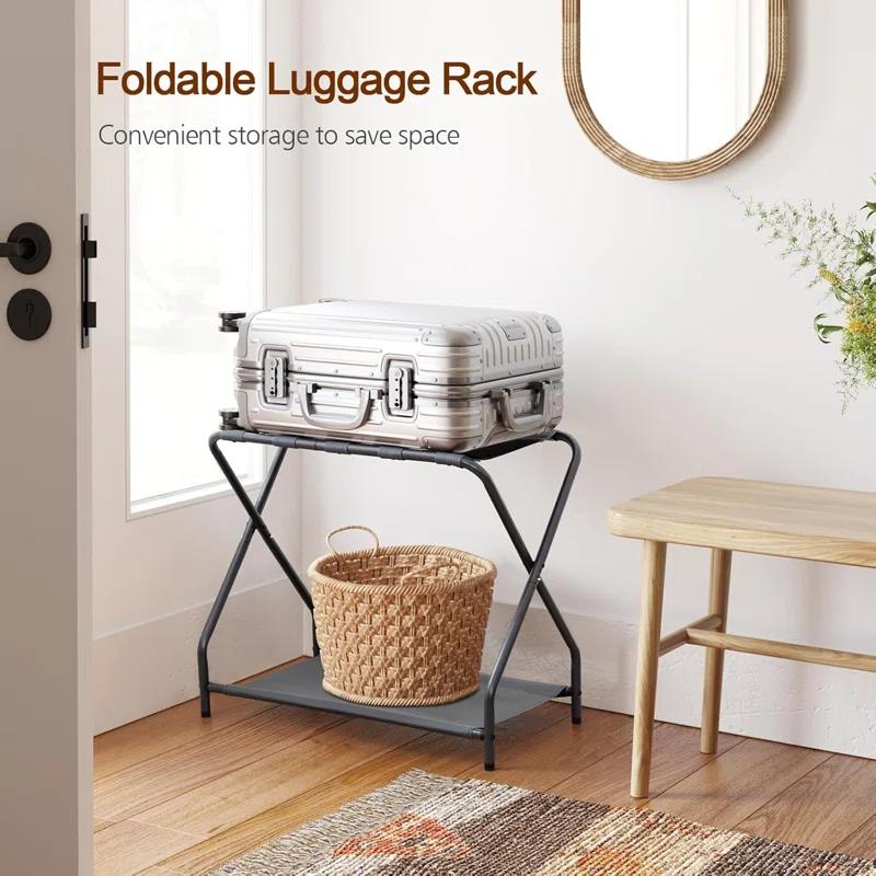 MEBROT Set Of 2, Foldable Suitcase Stands For Guest Room, Metal Luggage Holder With Storage Shelf For Bedroom, Hotel, Easy Assemble