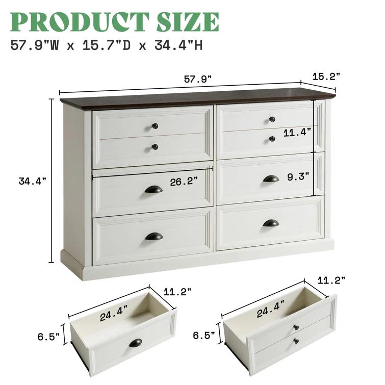 Winston Porter 58 inch Dresser for Bedroom, Farmhouse 6 Drawer Dresser, TV Stand for Bedroom, Dressers & Chests of Drawers, Living Room Organizer with Storage Drawers | Wayfair