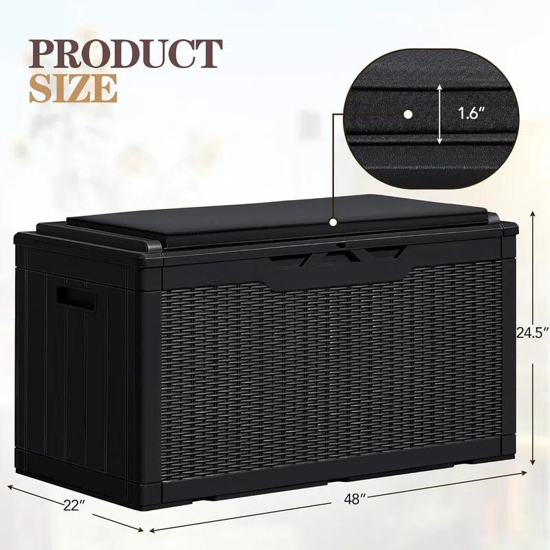 GEMBIK 100 Gallon Resin Deck Box, Large Outdoor Storage Bench with Cushions, Black