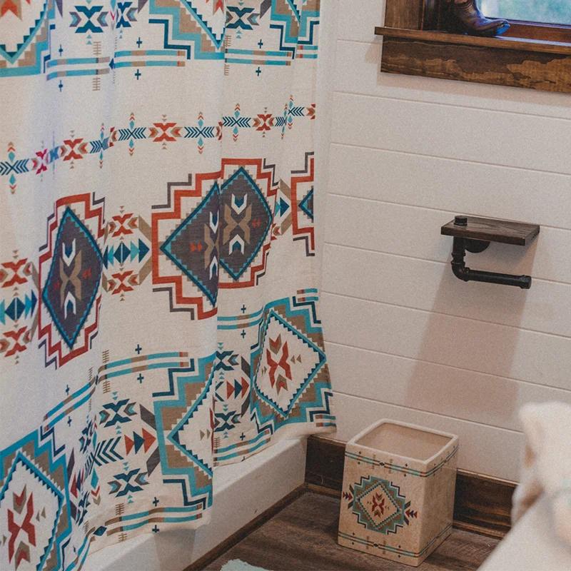 Paseo Road by HiEnd Accents Spirit Valley Red/Teal Aztec Print Southwestern Rustic Farmhouse 72x72 inch Shower Curtain + Hooks