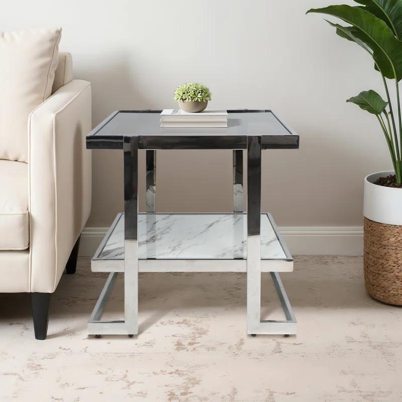 Mercer41 Atli Modern 24" Accent Table with Marble-Look Top, Glass Shelf & Gold Metal Geometric Frame for Living Room or Bedroom