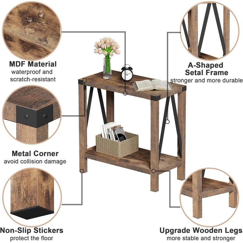 Gracie Oaks Farmhouse End Table For Small Spaces, Narrow Side End Table With Storage Shelf, Rustic A-Design Nightstand Sofa Table For Living Room, Bedroom 2 Pack