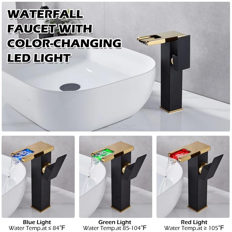YCCUZA Y217H-BG Single Hole Faucet Single-handle LED Bathroom Vessel Sink Faucet with Drain Assembly