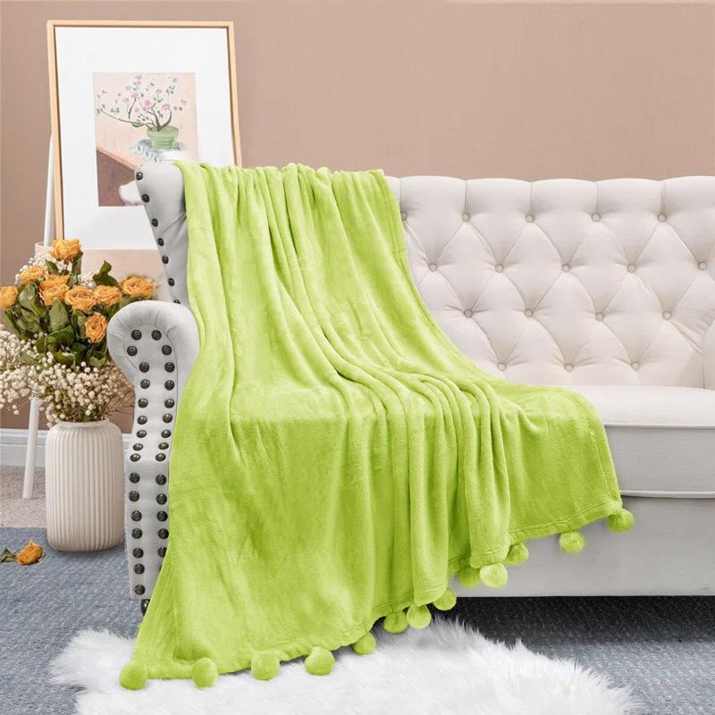 Home Soft Things Flannel Fleece Pom Pom Blanket