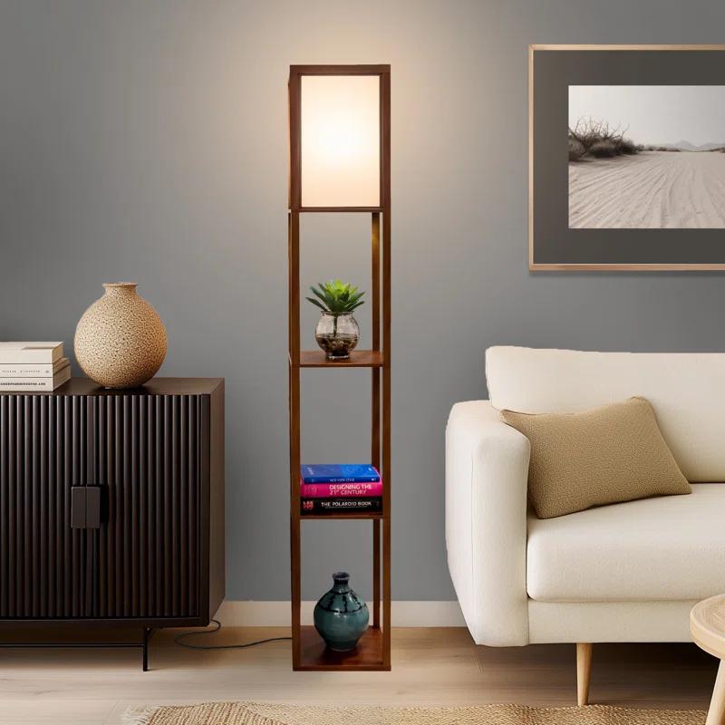 Brightech Maxwell 63 in. Traditional LED 3-Shelf Floor Lamp with Fabric Square Shade