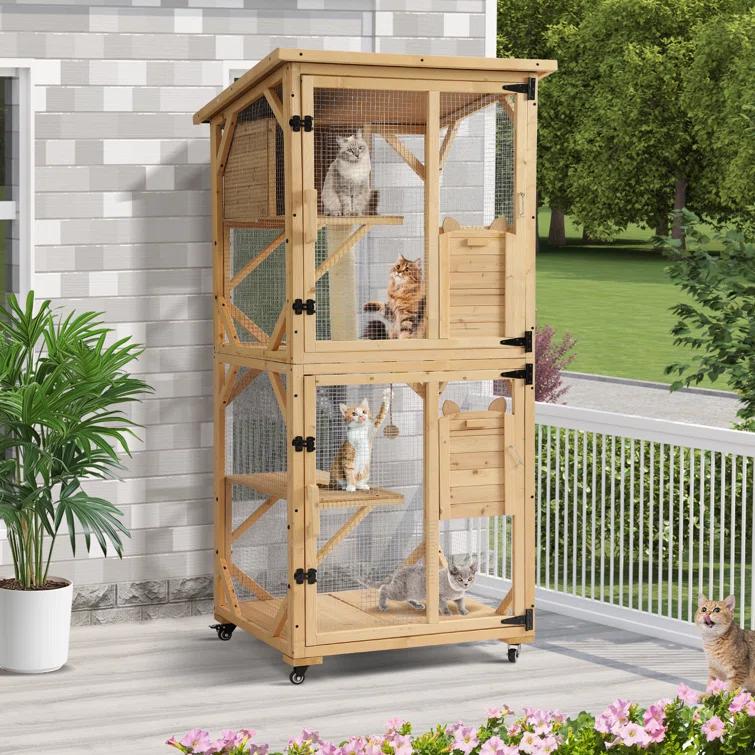 Tucker Murphy Pet™ Hallvard Outdoor Cat Enclosure with Scratcher - 4-Tier Large Indoor Wooden Window Catio Cat House W/Asphalt Waterproof Roof