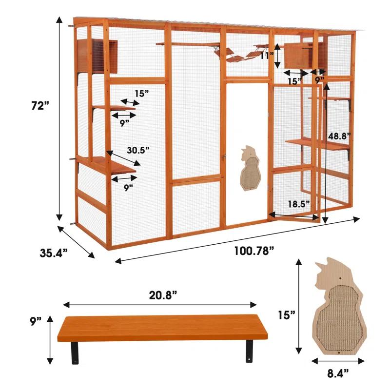 HOSSEJOY Wooden Cat Enclosure with 6 Jumping Platforms, 2 Cat Condos, Cat Bridge and Scratching Board