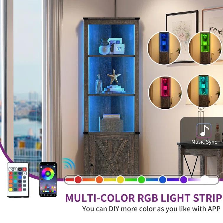 Gracie Oaks Aspenn 67" H Corner Bookcase with LED Light, Corner Storage Cabinet with Adjustable Shelf