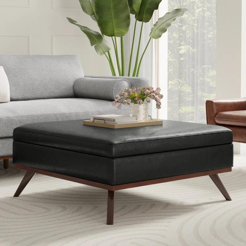 Simpli Home Owen 40"W XL Upholstered Square Coffee Table Storage Ottoman with Lift Top and Solid Wood Legs