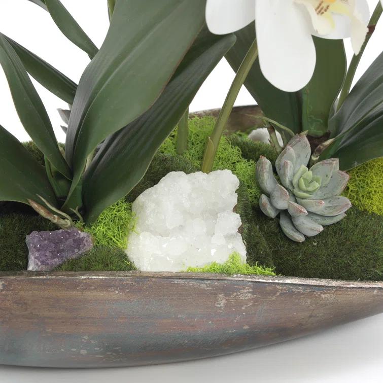 Cream White Silk Orchid Floral Arrangement in Metal Tray