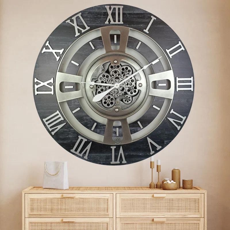 THE GEARS CLOCK Wall Clock with Real Moving Gears EN-LI_ 36 in Round Vintage-Black