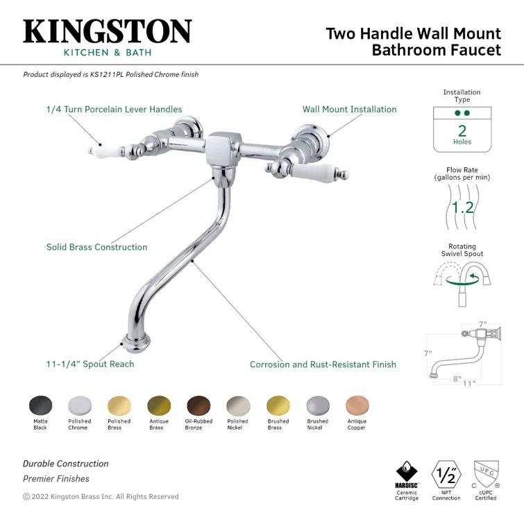 Kingston Brass Kingston Brass Heritage Two-Handle 2-Hole Wall Mount Bathroom Faucet KS1217PL