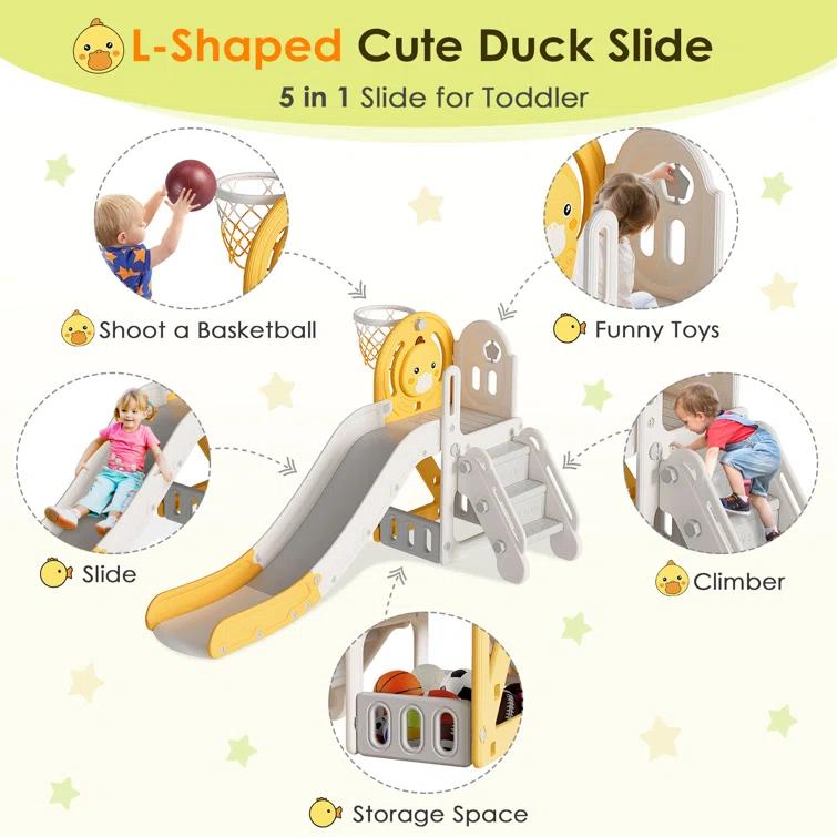 Suteck 5 in 1 Toddler slide, Kids Slide with Climber Outdoor Indoor Slide Cute Duck Theme Playset