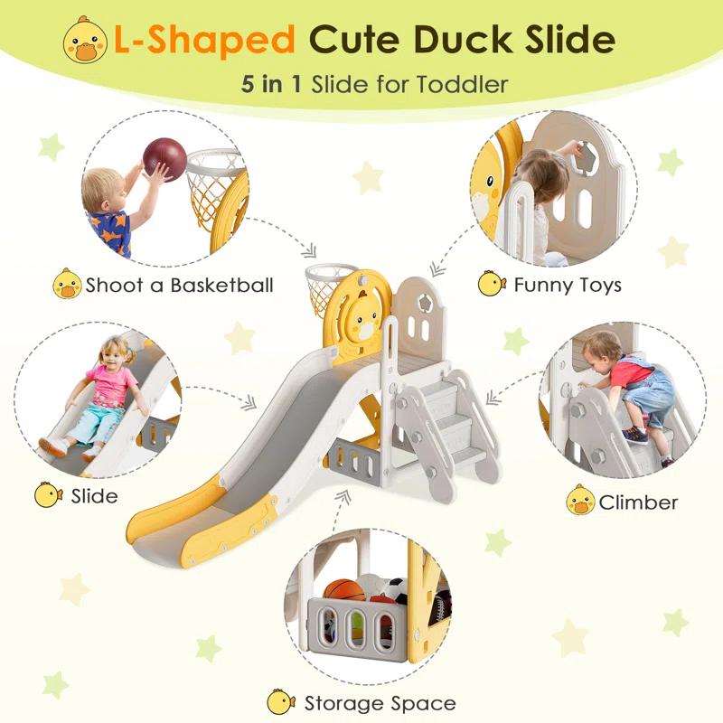 Suteck 5 in 1 Toddler slide, Kids Slide with Climber Outdoor Indoor Slide Cute Duck Theme Playset