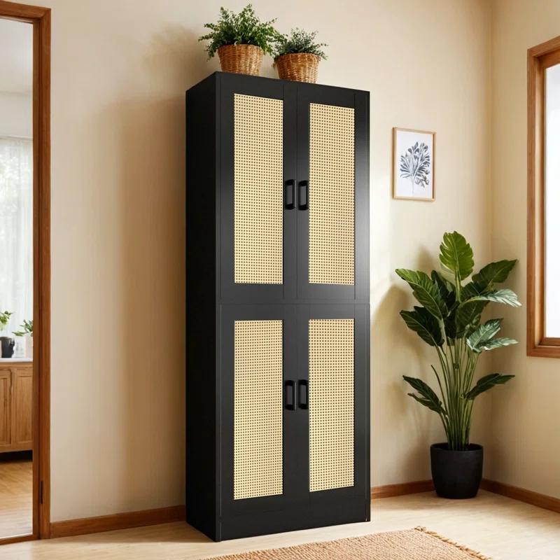 Bay Isle Home™ Rattan Kitchen Pantry Cabinet, 71" Tall Kitchen Pantry Storage Cabinet With Doors, Boho Kitchen Pantry Hutch With Storage For Kitchen, Dining Room