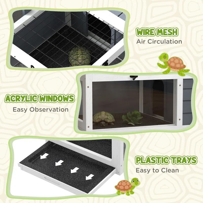 Tucker Murphy Pet™ Tortoise Habitat, Wooden Tortoise House, Indoor Outdoor Tortoise Enclosure With Lamp Holder, Pull-Out Waterproof Trays, Openable Lids, Gray