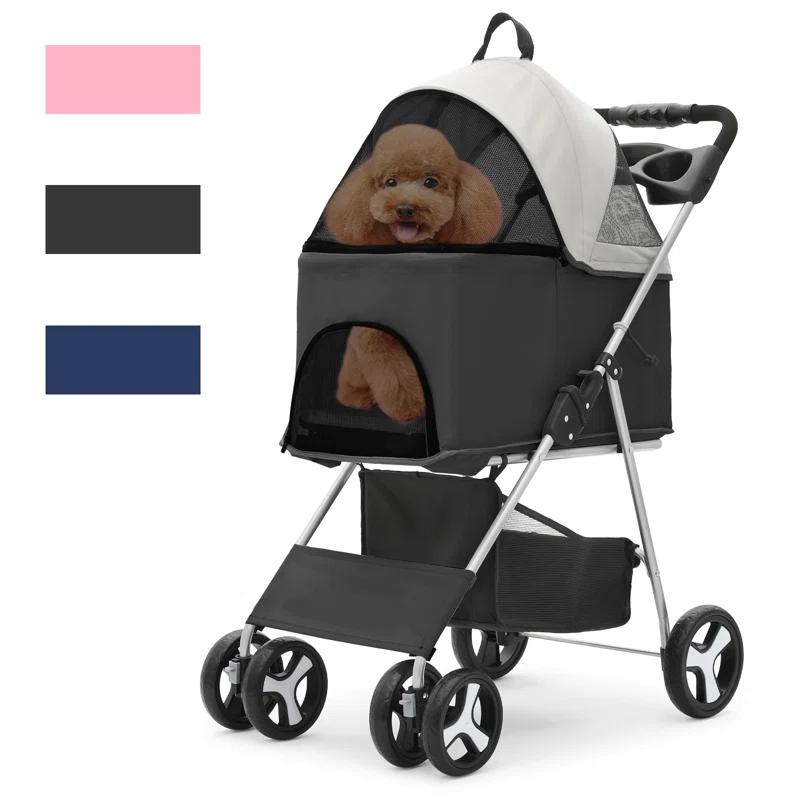 MoNiBloom Folding Pet Stroller, Foldable Dog Jogger Stroller with Detachable Carrier, Basket and Cup Holder