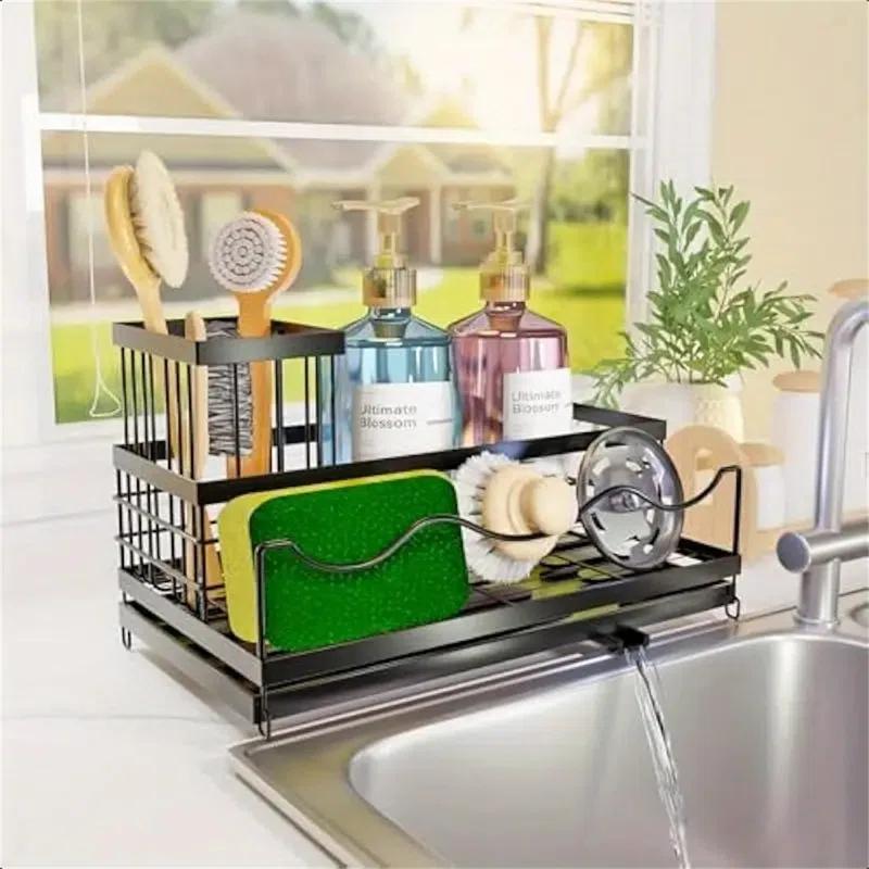 WKING Stainless Steel Kitchen Sink Caddy Organizer With Draining Tray, Rustproof Sponge Holder For Sink, Adjustable Compartments, Space-Saving Design