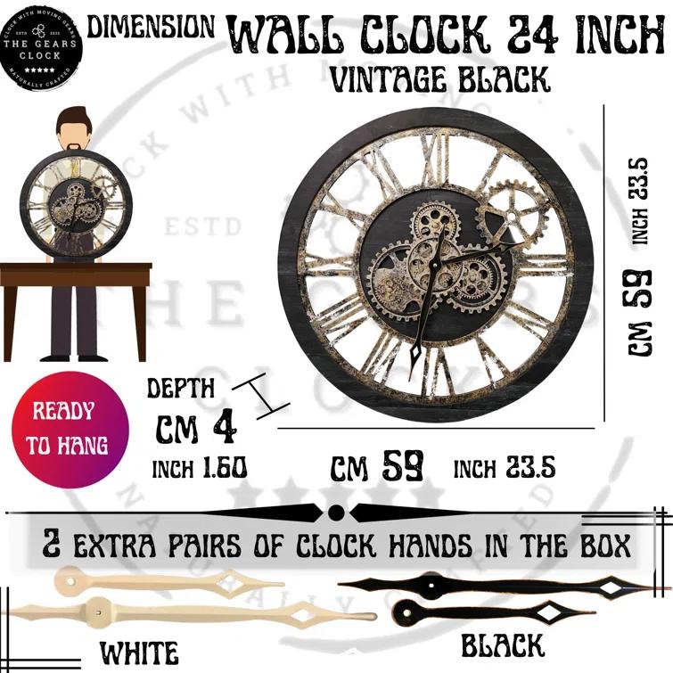 The Gears Clock Wall Clock 24" Round Oversized for Living Room decor with Real Moving Gears America Collection