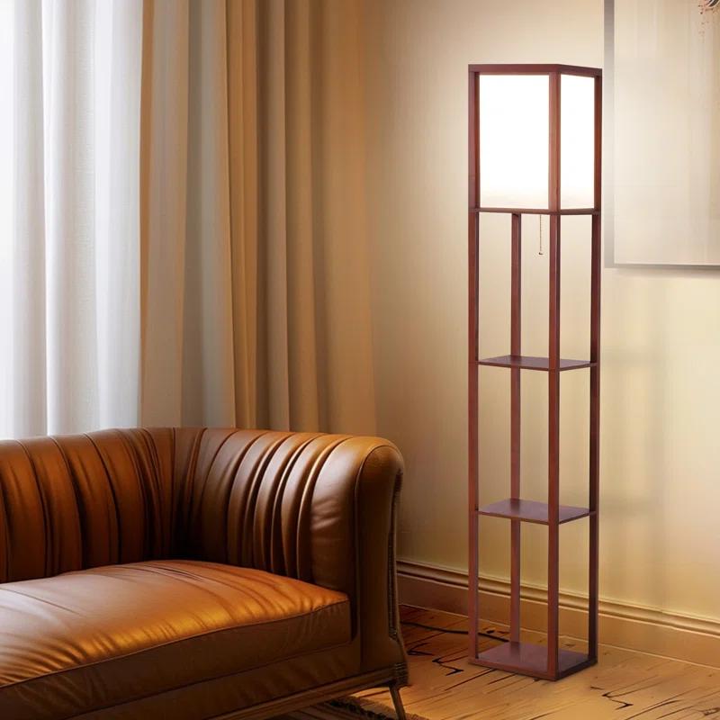 Brightech Maxwell 63" Modern LED Shelf Floor Lamp with Walnut Brown Finish, 3 Tiers, and Fabric Square Shade, Bulb Included