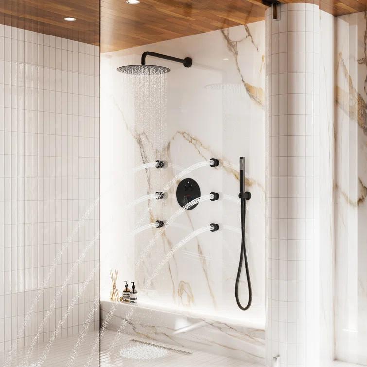 CASAINC Wall Mounted Thermostatic Complete Rainfall Shower System with 6 Body Jets and Rough-in Valve CS6823-12MB