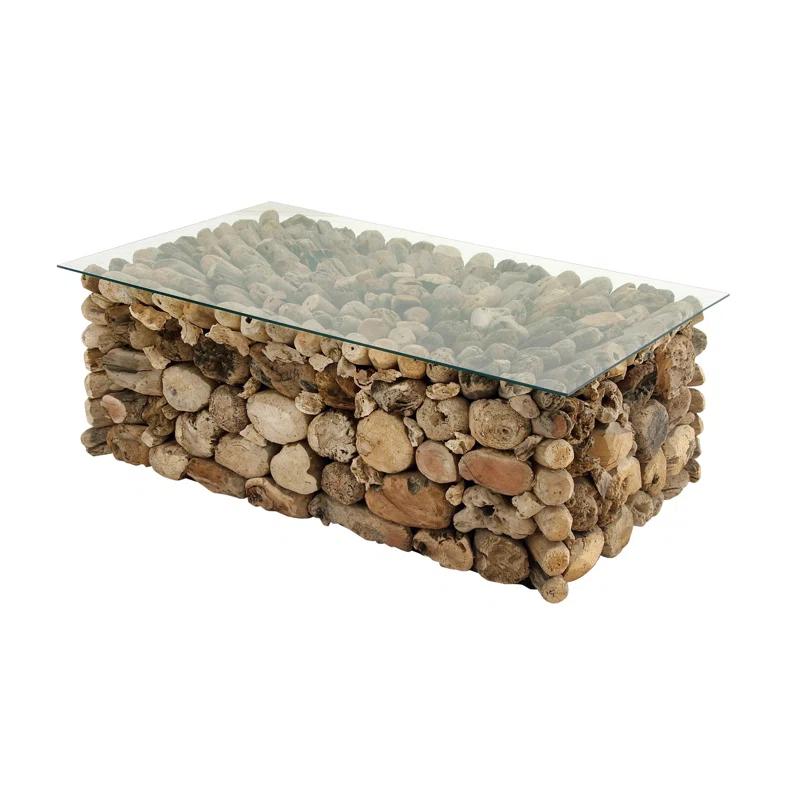 Millwood Pines Brown Wood Handmade Stacked Collage Coffee Table with Clear Glass Top