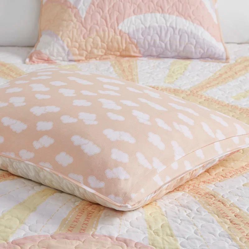 Intelligent Design Kids Dawn Sunshine Clouds Yellow/Coral 100% Cotton Reversible Quilt Set Twin