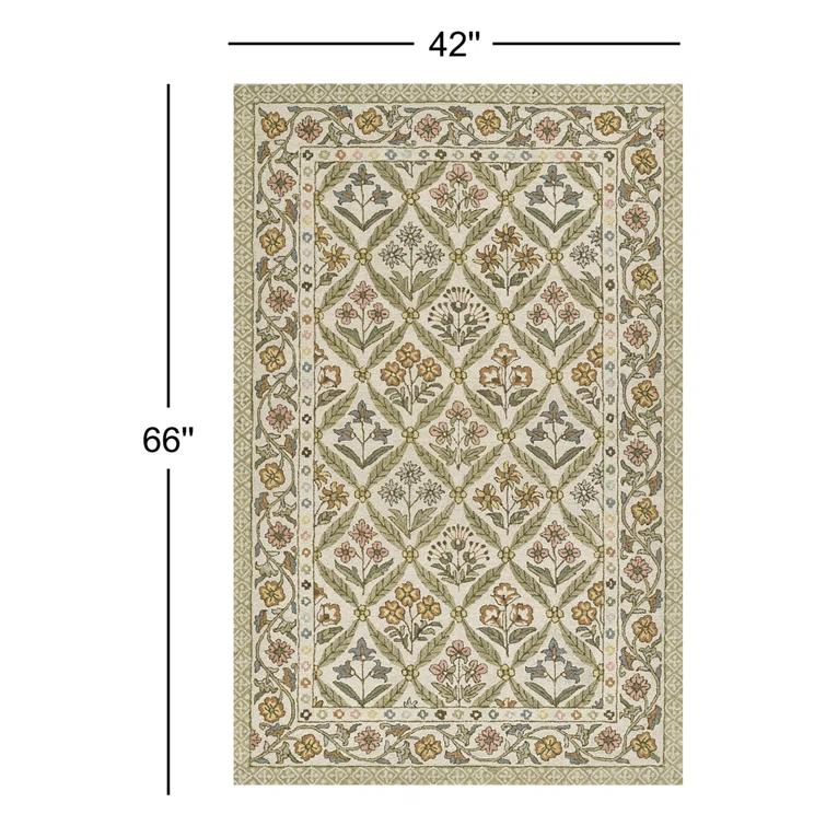 Momeni 3'6"x5'6" Cotswold Castle Combe Floral Handtufted Area Rug Green: Wool, Medium Pile, Botanical Pattern, Indoor Use