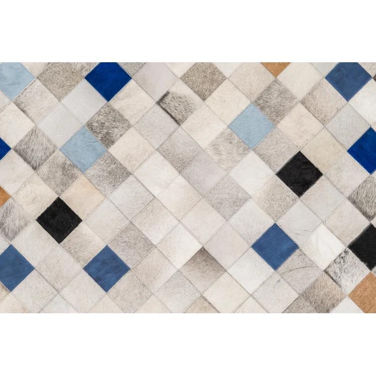 Art Hide Falling Squares Rectangle 5'2" x 6'6" Cowhide Argyle Area Rug in Blue/Gray/White/Brown