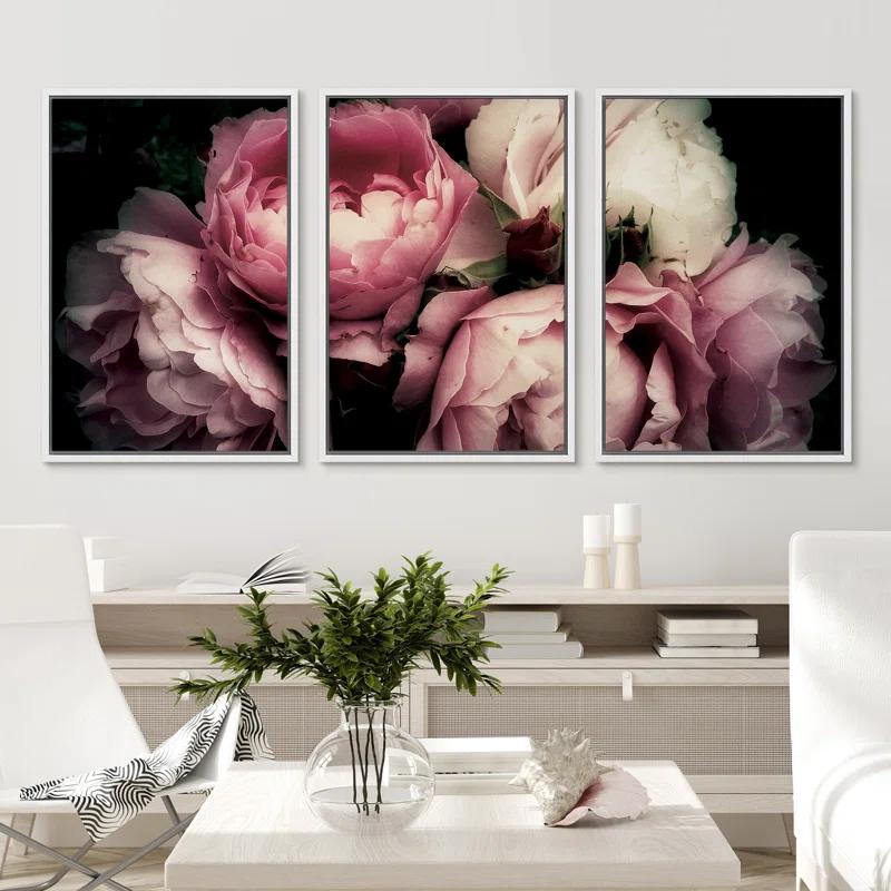 IDEA4WALL Flower Blossom " Pink Rose Peony Bouquet Floral Pictures Large Framed Canvas Print 3 Pieces Wall Art