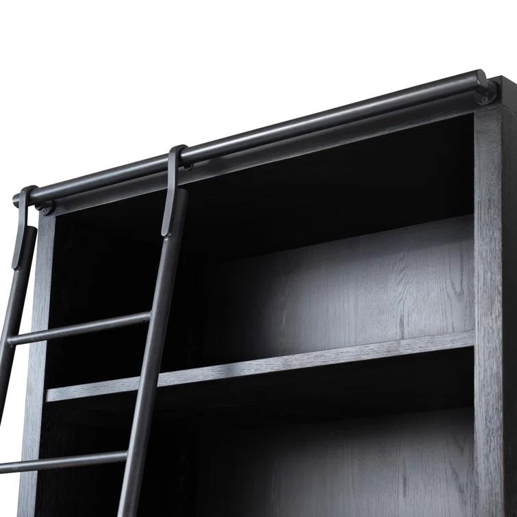 Worn Black Oak Double Bookcase with Iron Ladder