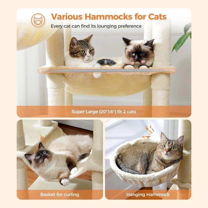 69" Tall Cat Tree Large Cat Tower With Super Big Hammock, Scratching Posts, Condo House And Large Top Perch