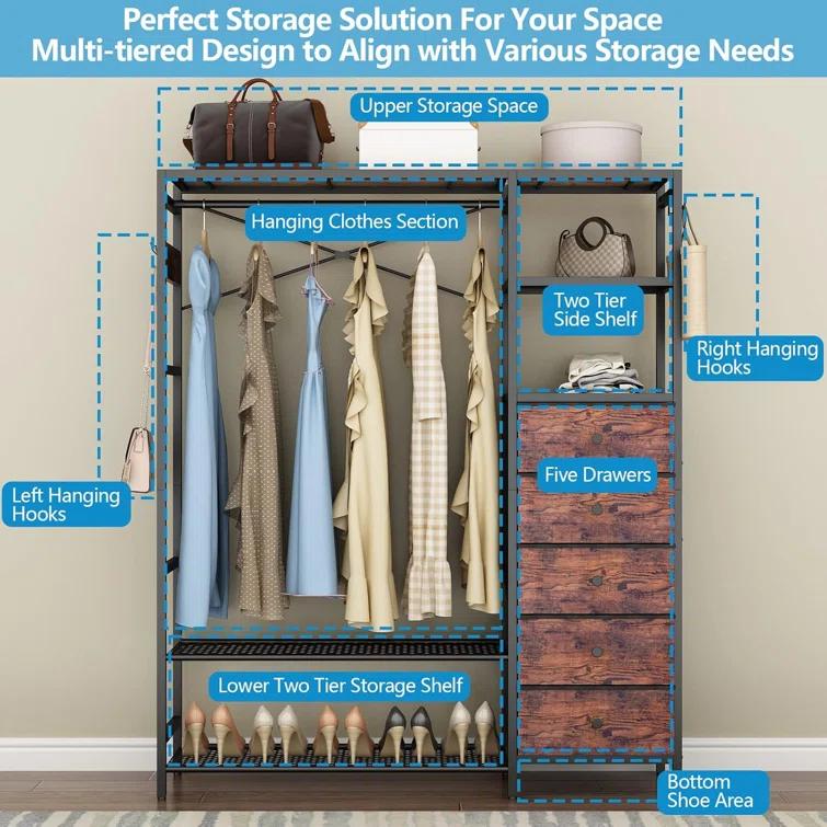 17 Stories Heavy Duty Clothes Rack For Hanging Clothes With 5 Shelves & 5 Drawers, Metal Freestanding Clothing Rack With Five Hooks, Garment Rack Closet Wardrobe Rack, 70.87H X 59.06W,Max 900Lbs,Rustic