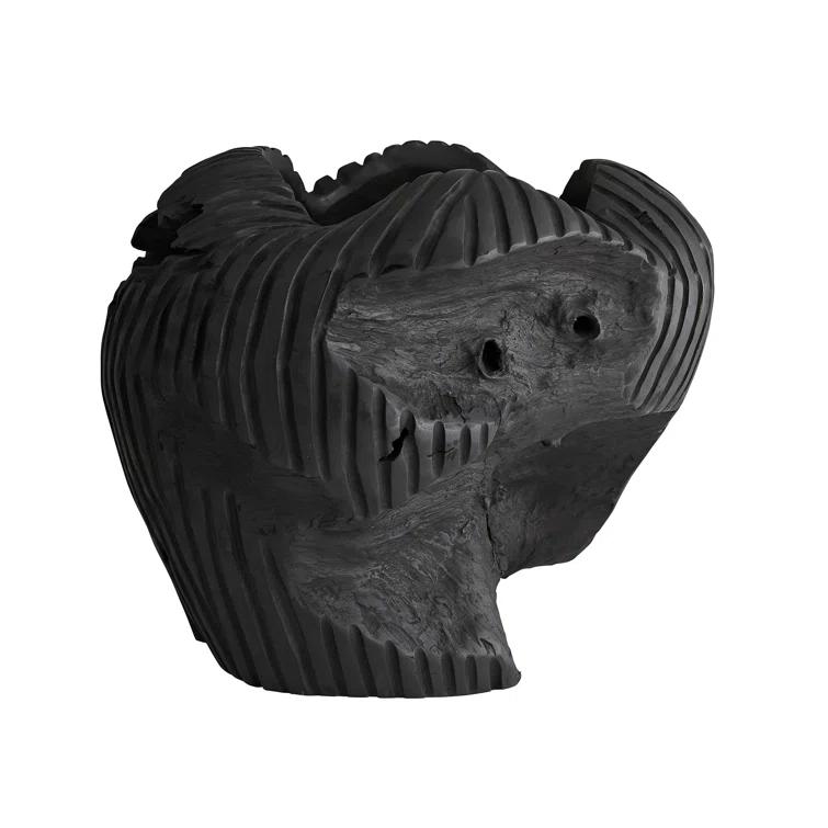 Ebony Teak Root Hand-Carved Ribbed Sculpture Centerpiece