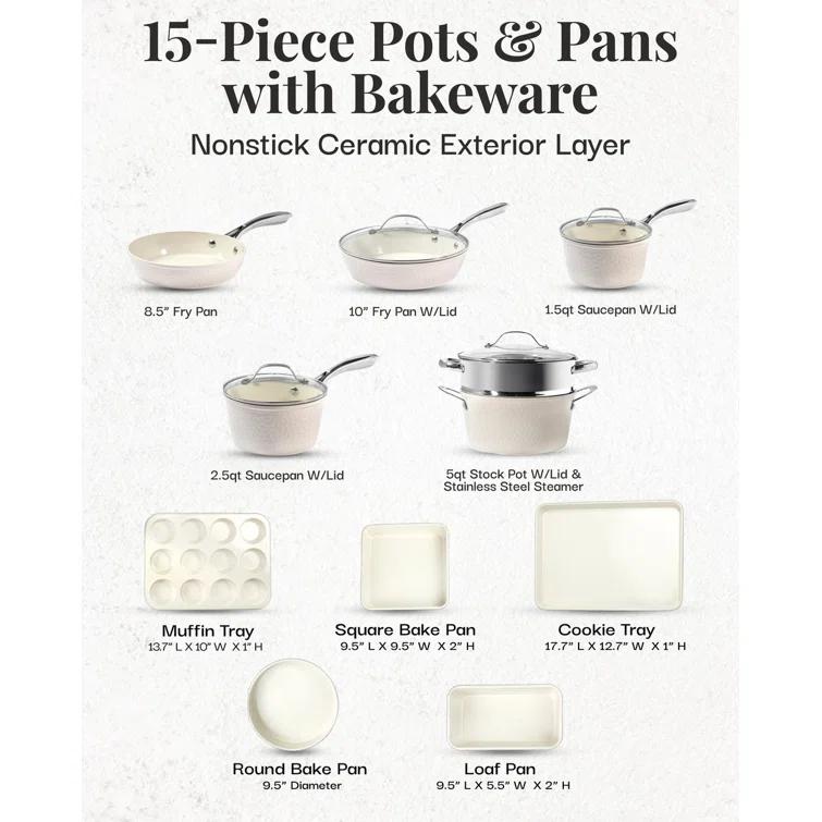 Gotham Steel Gotham Steel Hammered Cream 15 Piece Ultra Ceramic Nonstick Cookware Set With Bakeware