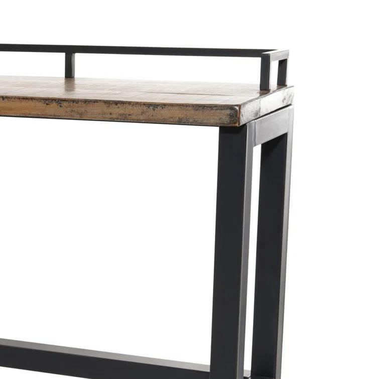 Benjara Fyan Counter Table W Rails, Black Iron Base, 71 Inch Rectangular Top