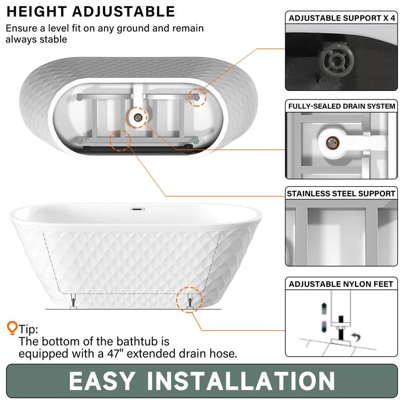 Aguamaph 67" x 31" Acrylic Freestanding Bathtub with Diamond Wave Pattern with Chrome Drain & Overflow T7052886731CW