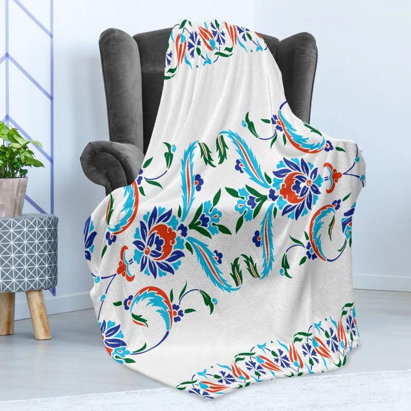 Ambesonne Ambesonne Traditional Fleece Throw Blanket Ottoman Tulips Blue Red