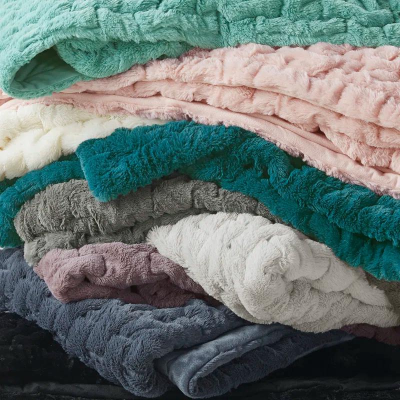 Madison Park Slate Blue Ruched Fur Throw 50x60"