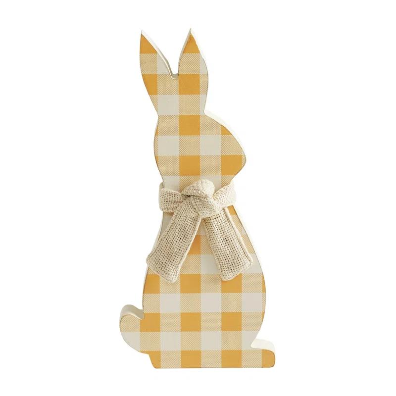 VHC Brands Bunny Hop MDF All Ears Lavender Check Bunny In Burlap Scarf 13x6x1