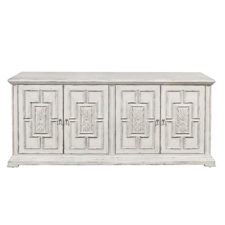 Pulaski Furniture 4 Door Rosette Carved Entertainment Credenza in Distressed White
