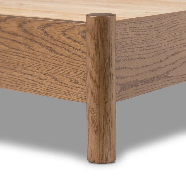 Queen Oak Upholstered Headboard Bed with Slats