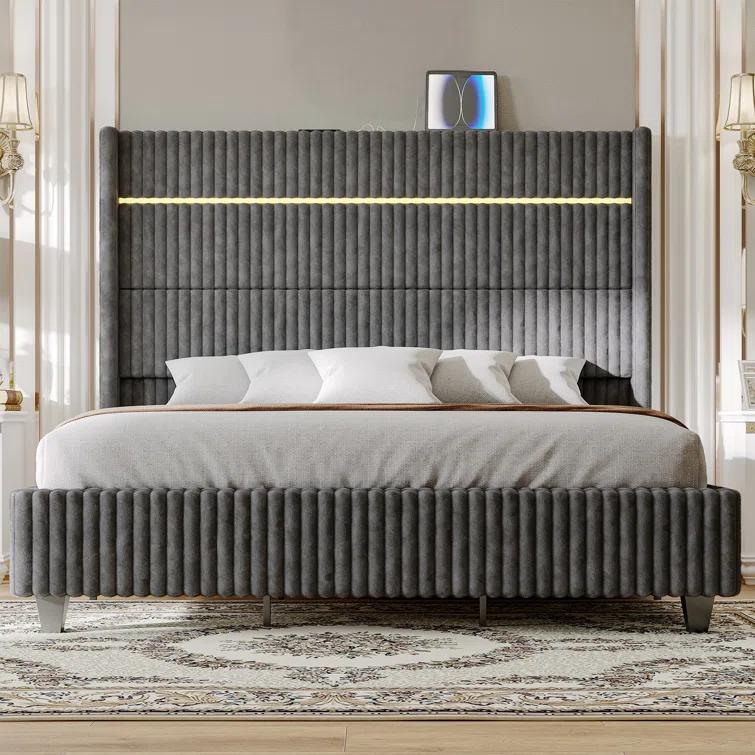 Ivy Bronx LED Bed Frame, Corduroy Upholstered Platform with 60" Tall Headboard & Charging Station
