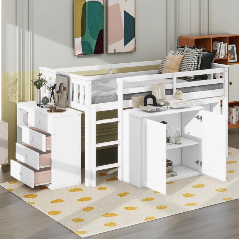 Harriet Bee Twin Loft Bed With Storage Cabinet, Drawer And Shelf Cabinet And Pulling-Out Desk