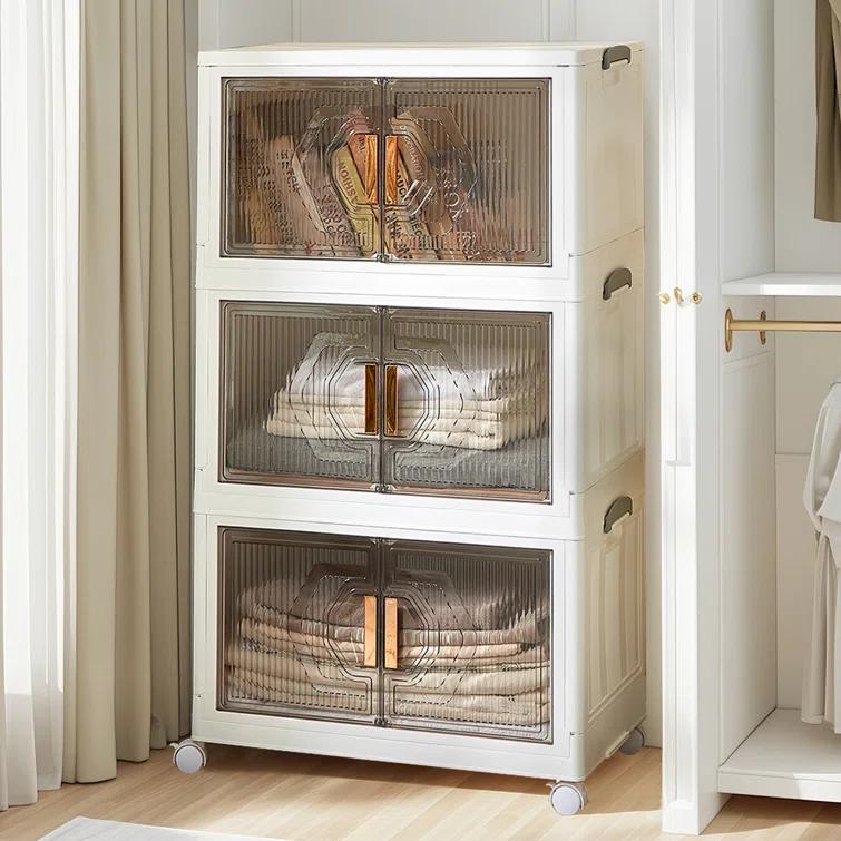 Rebrilliant Canas 3 Pack Stackable Storage Bins Folding Organizer Boxes Collapsible Closet With Doors Wheels Lids